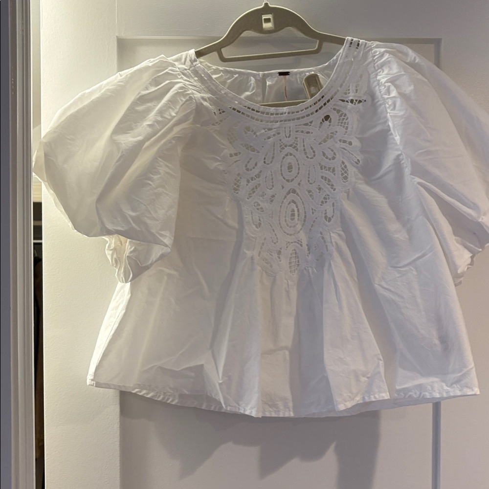 FREE PEOPLE White BARDOT PuffSleeve Crochet Front Woven Top NWOT